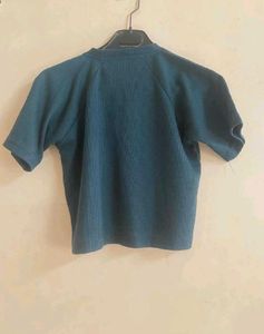 Teal Ribbed Cropped Henley Top