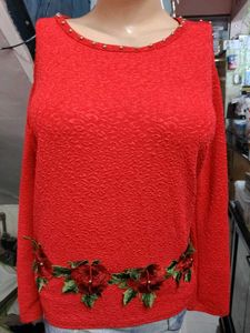 Red Cold Shoulder Embellished Top