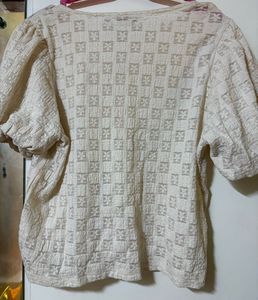 Cream Textured Floral Puff Sleeve Top