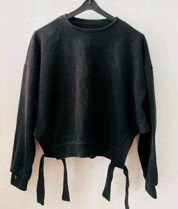 Black Cropped Sweatshirt with Tie Detail