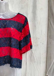 Red &amp; Navy Striped Lace Top