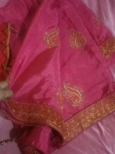 Beautiful Pink Saree with Red Blouse