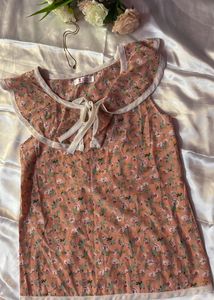 Floral Ruffle Neck Tie Top