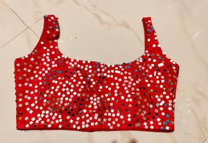 mirror work beautiful red saree blouse for sale
