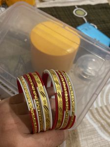 Elegant Red & White Bangles with Gold