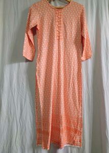 Peach Printed Kurta with White Pants