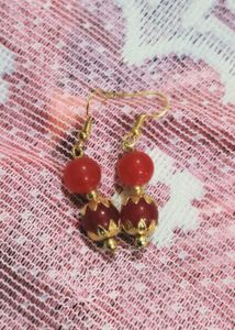 Red Beaded Gold Tone Earrings