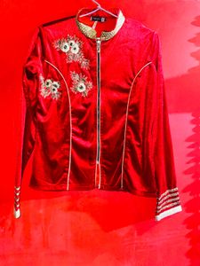 Red Velvet Kurta with Embellishments