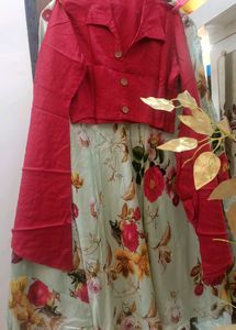 Floral Dress with Red Jacket