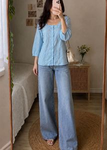 Blue Square Neck Button-Up Blouse