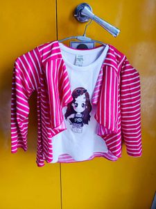 Hand Print Girls White Printed Top with Pink Strip