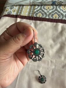 oxidized ethnic Dangle Earrings with Green Stone
