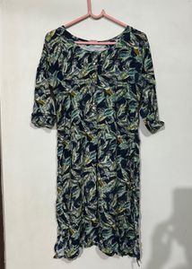 Navy Blue Leaf Print Straight Kurti