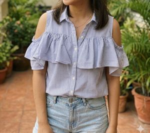 Blue Striped Cold Shoulder Ruffle Top