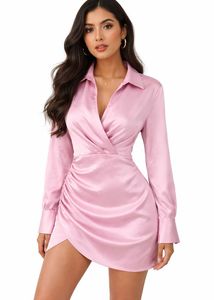 Zara Pink Satin Ruched Wrap Dress
