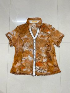 Patterned Button-Up Sheer Shirt