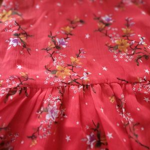 Cute Floral Print Girls Red Peplum Chiffom Top