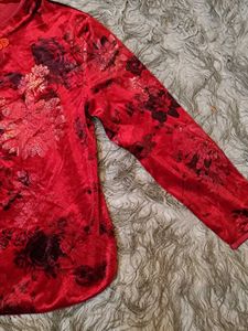 Red Chinese Floral Embroidered Velvet Qipao