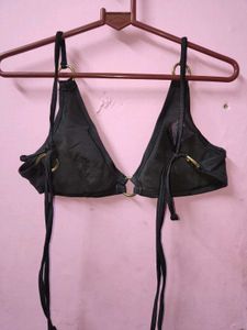 Chic Black Bikini Top with Gold Ring Detail