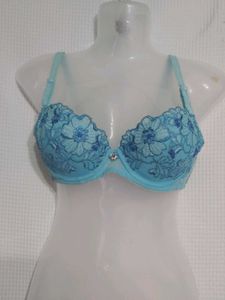 Blue Floral Embroidered Bra
