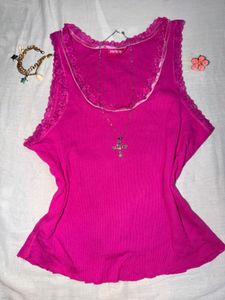 Hot Pink Lace Trim Tank Top
