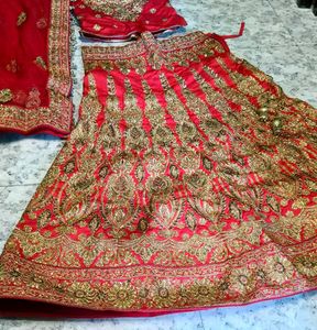 Red &amp; Gold Embroidered Lehenga Set