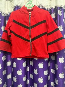 Red Zip-Up Jacket with Black Stripes