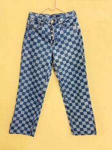 Blue checked straight fit jeans