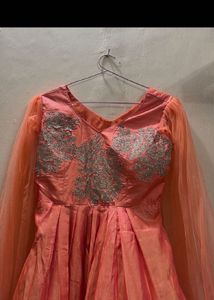 Elegant Coral Gown with Capelet