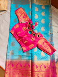 Beautiful Blue Saree with Pink Blouse