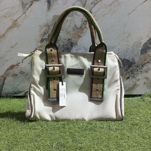 White &amp; Green Satchel Bag