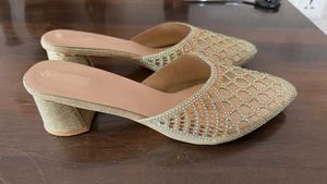 Gold Embellished Block Heel Mules
