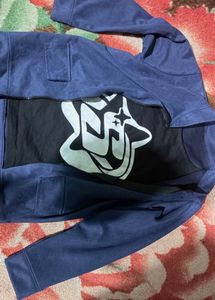 Navy Blue Full-Sleeve Graphic Zip-Up Jacket