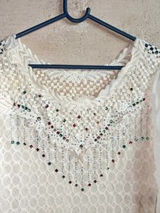 Elegant White Lace &amp; Embellished Top