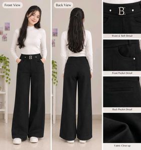 Black High-Waisted Wide-Leg Pants with Statement B
