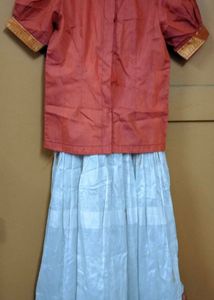 Coral Orange &amp; Cream/White Pattu Pavada Set