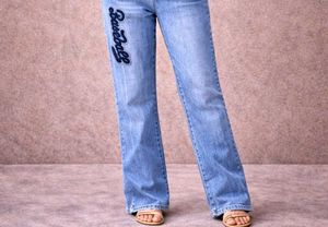 Retro "Baseball" Embellished Denim Jeans