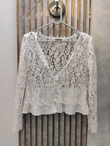 White Lace V-Neck Peplum Top