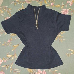 Navy Zip Neck Top