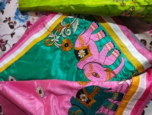 Embroidered Pink and Silk Saree with