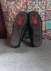 leather Black Loafer Flats with Gold Buckle