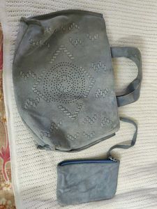 Blue Suede Shoulder Bag with Pouch