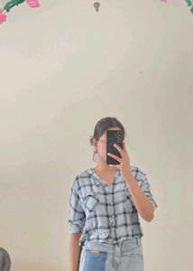 Light Blue Plaid Cropped Shirt