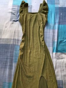 Olive Ribbed Midi Dress with Slit