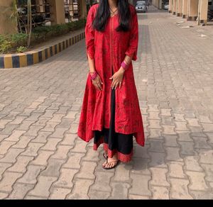 Red Printed Kurta with Black Palazzo