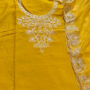 Mustard Yellow Silver Zari Neck Embroidered Party