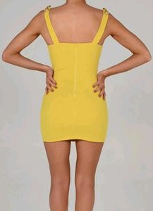 Embellished shoulder strap yellow bodycon dress