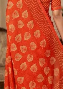 Elegant Orange Saree with Leaf Print