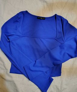 Ribbed Blue Square Neck Top