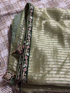 Elegant Green &amp; Gold Striped Saree